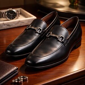 Salvatore Ferragamo Black Leather Loafers with Silver Buckle